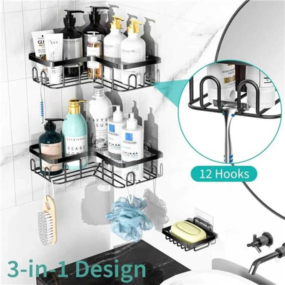Adhesive Corner Shower Caddy, 3 Pack Organizer Shelf with Soap Holder